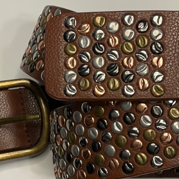 Metallic Studded Brown Belt; Distressed Gold Rectangular Buckle; Fits 35”to 39” - Picture 2 of 10